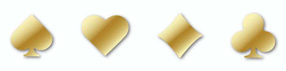 Set of collection gambling gold sign symbol of playing card suits and chip or token for web site or mobile app about poker and casino. Hearts, clubs, diamonds and spades on an white background.