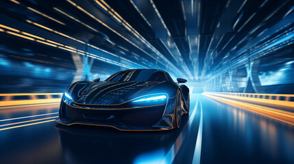 Fototapeta premium a futuristic sports car races along a neon-lit highway within a dark tunnel, bathed in a mesmerizing blend of black and blue neon hues