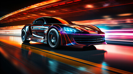 a futuristic sports car races along a neon-lit highway within a dark tunnel, bathed in a mesmerizing blend of black and blue neon hues