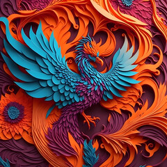 Vibrant Kirigami Phoenix Soars Amid Colorful Swirls and Flowers