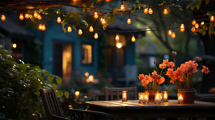 Party string lights hanging in the backyard.