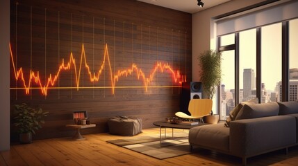 A living room with wall-mounted display showcasing a stock market graph. AI generated - obrazy, fototapety, plakaty