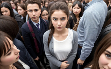 Fototapeta premium crowd of young people standing in square, wide angle view