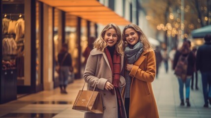 two women shopping in mall with happiness moment 