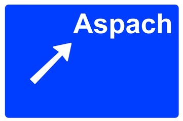 Illustration eines Autobahn-Ausfahrtschildes mit der Beschriftung "Aspach"	
