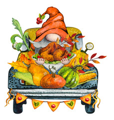 Watercolor Gnome Truck. Thanksgiving Day Truck. Harvest Festival  Truck. Watercolor Fall