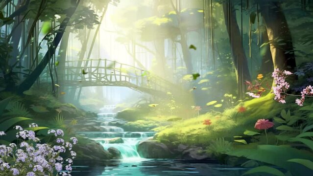 fantasy green forest with nature bridge and beautiful river, Cartoon watercolor painting illustration video style.