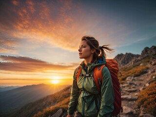 Naklejka premium Success woman hiker hiking on sunrise mountain peak - Young woman with backpack rise to the mountain top. Discovery Travel Destination Concept
