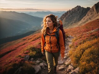 Naklejka premium Success woman hiker hiking on sunrise mountain peak - Young woman with backpack rise to the mountain top. Discovery Travel Destination Concept