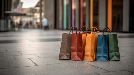 Shopping bag near shop with blur background - Powered by Adobe