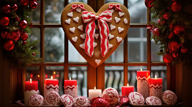 A Christmas window, beautifully adorned, showcases a love-heart gingerbread cookie, flanked by the gentle glow of candles. (Created Using Generative AI Tools)