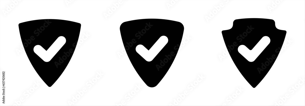 Poster security and safety icon set of three in black color. security shield icon set with check mark, tick