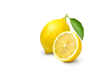 Lemon fruit with cut half lemon isolated on white background.