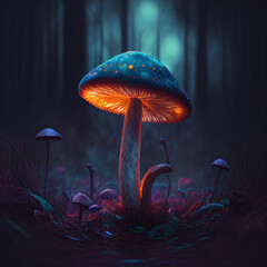 A magical mushroom in a dark misty forest with dramatic phantasmal iridescent lighting,, ai generated.
