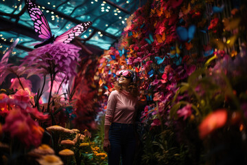 Woman in virtual reality glasses on Botanical landscape with butterflies

