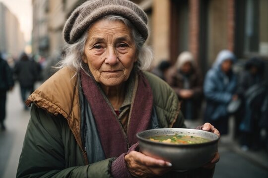 Elderly homeless woman with a bowl of soup. The problem of homeless women, old people on the street, hunger, poverty.