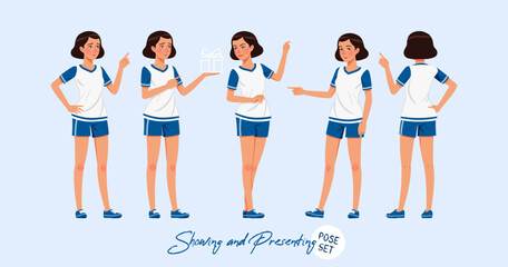 Sporty teenage active girl set showing, presenting poses. Young woman wearing activewear athletic boys outfit. Health, wellness, physical education fitness female coach. Cartoon character illustration