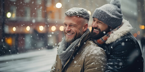 Two men in their 40s portrait, cute gay couple in love hugging each other on a winter day, snow falling, smiling, romantic atmosphere.