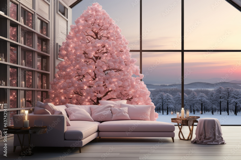 Poster Huge pink Christmas tree and pink sofa in living room