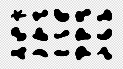 Liquid shapes, round abstract elements. Simple blotch water forms. Abstract organic black fluid blobs irregular shapes set of collection for speech bubbles. Vector illustration on a transparent bg.