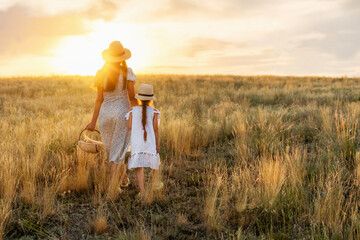 Young woman and child in the countryside at sunset. Little daughter and mother walk holding hands on field, rear view. Happy family in nature. Mothers Day. Relationships between parents and children.