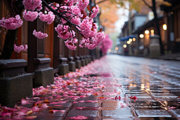 Pink cherry sakura blossoms in rainy evening street 
