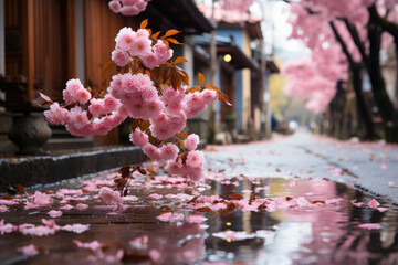 Pink cherry sakura blossoms in rainy street 
