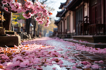 Pink cherry sakura blossoms in sunny street 
