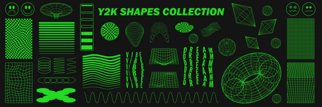 Surreal geometric retro shapes. Rave psychedelic futuristic set. Abstract backgrounds and patterns, wireframe, cyberpunk elements, signs and perspective grids. Vector black and green collection.