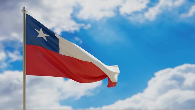 Chile country national flag waving on blue sky background. 3d video footage