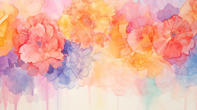 Abstract ink blooms in vibrant colors merging with soft watercolor washes in complementary shades