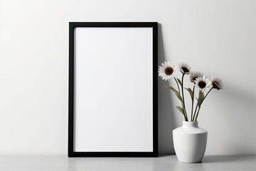 Black frame and white flower in a white vase, mock up