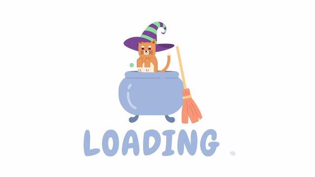 Witch hat cat leaping out of cauldron 2D loading animation. Halloween kitten witchcraft animated cartoon character 4K video loader motion graphic. Magic potion boiling download, upload progress gif
