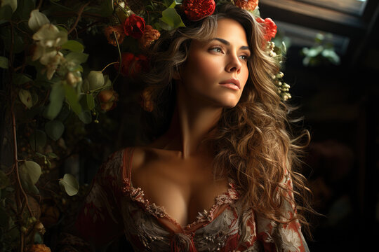 Portrait of woman with red flowers and green leaves wreath on the head