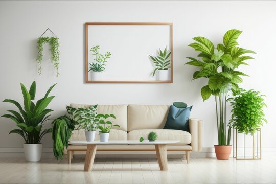 Cozy living room with plants and picture frame Generative AI 