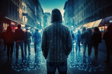 Hacker or scammer standing among people to wait to steal information on the mobile phone - obrazy, fototapety, plakaty