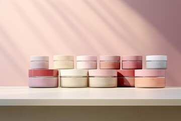 delicate pale pink and blue cosmetics packaging container for skincare, fragrance or toiletry industries on pastel background. Beauty product mock-up. Store shelf