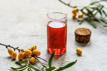 Sea ​​​​buckthorn essential oil in a small glass bottle with fresh brunches of plant