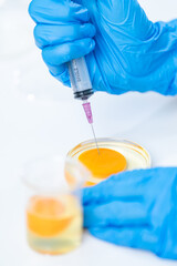 laboratory of chicken egg in agriculture manufacturing industry or food quality control research, expert inspection working to science analysis test in medicine biology safety, biotechnology concept