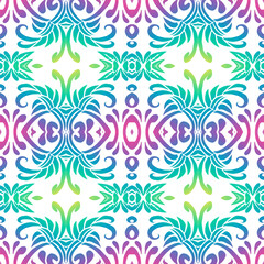 Seamless colourful batik ethnic dayak borneo pattern with flowers line art 