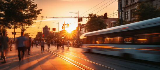 timelapse of busy urban downtown sunset city crowd people commuter transportation intersection street motion people and car taxi strret scene pedestrian city people lifestyle,ai generate
