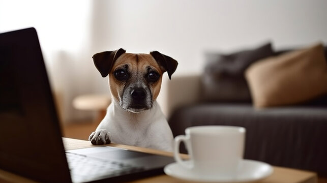 Home Office Concept. Adorable Doggy Sitting Alone A Laptop. Designated Work From Home Area In Living Room. Laptop And Cup Of Hot Beverage On Wooden Table.