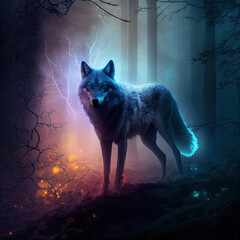 A magical wolf in a dark misty forest with dramatic phantasmal iridescent lighting,, ai generated