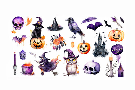 Halloween watercolor collection with black cat, witch, pumpkin, witch hat, owl, raven, skull, castle, witchcraft, potion cauldron, bat. Clip art Halloween graphic elements for creative design.