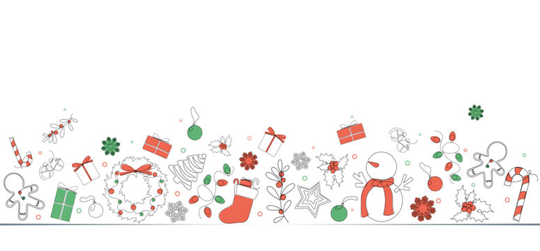 Christmas horizontal background with red and green minimalist decorations