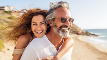 Happy middle-aged couple at a beach, woman hugging man from behind
