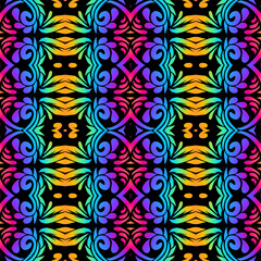 Seamless colourful batik ethnic dayak borneo pattern with flowers line art 