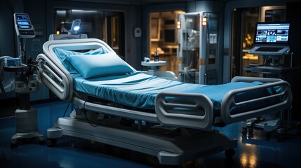 Fototapeta premium Generative AI, Recovery room with comfortable bed, medical interior, empty hospital room.
