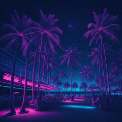 Fototapeta premium Beach Party, Live Concert Performence, Festival, Night Club Party, Cheering Crowd, Lots of People Silhouette, Neon Color Lights Lasers and Smoke, Generative AI