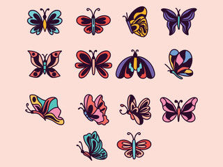Retro groovy butterfly vector art, icons, butterfly graphics, vintage colorful butterfly art, 90s hippie butterfly sticker set